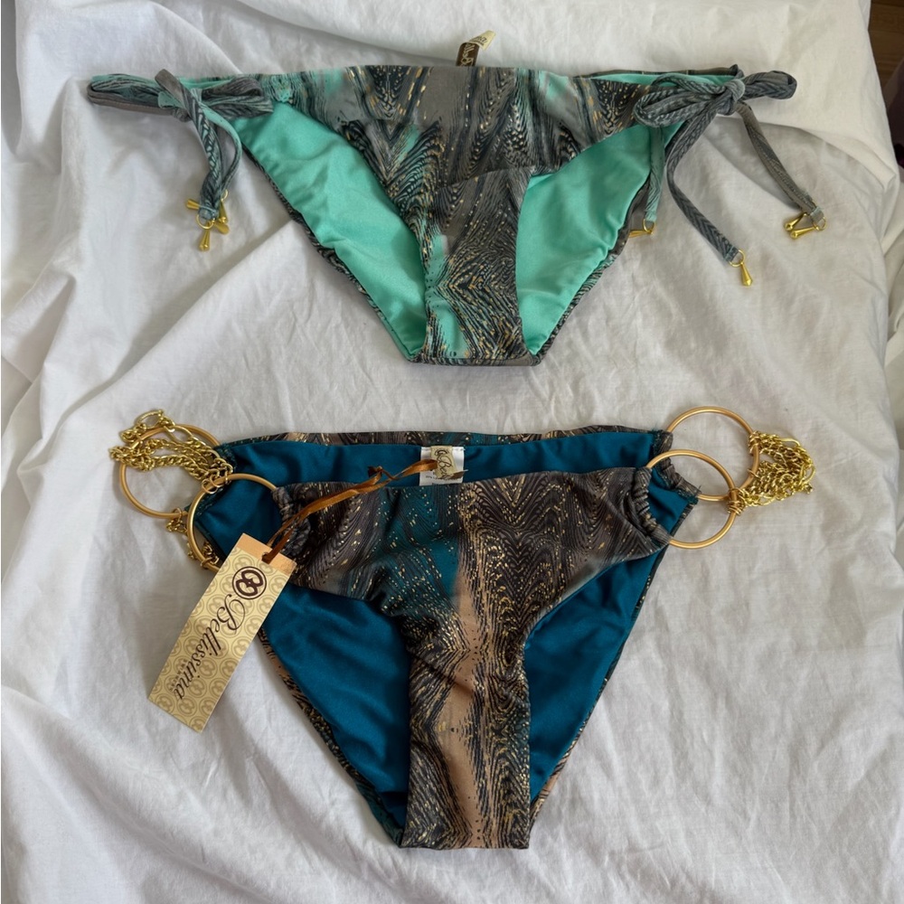 Bellissima Luxury Bikini Bottoms Teal & Bronze Feather Print Side Tie Size L NEW - Picture 6 of 16